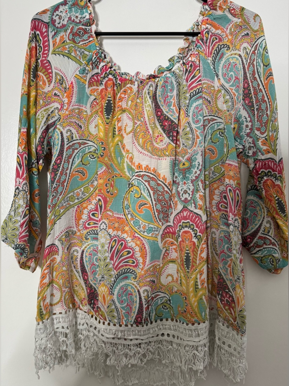 Spense Multicolor Paisley Fringe raw Hem Tunic flowy fall vibrant sz LG ruffles